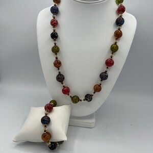 Murano Glass Elegant Multicolor Beaded Necklace and Bracelet made in Italy